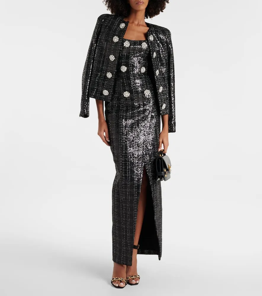 Balmain Sequined strapless tweed maxi dress