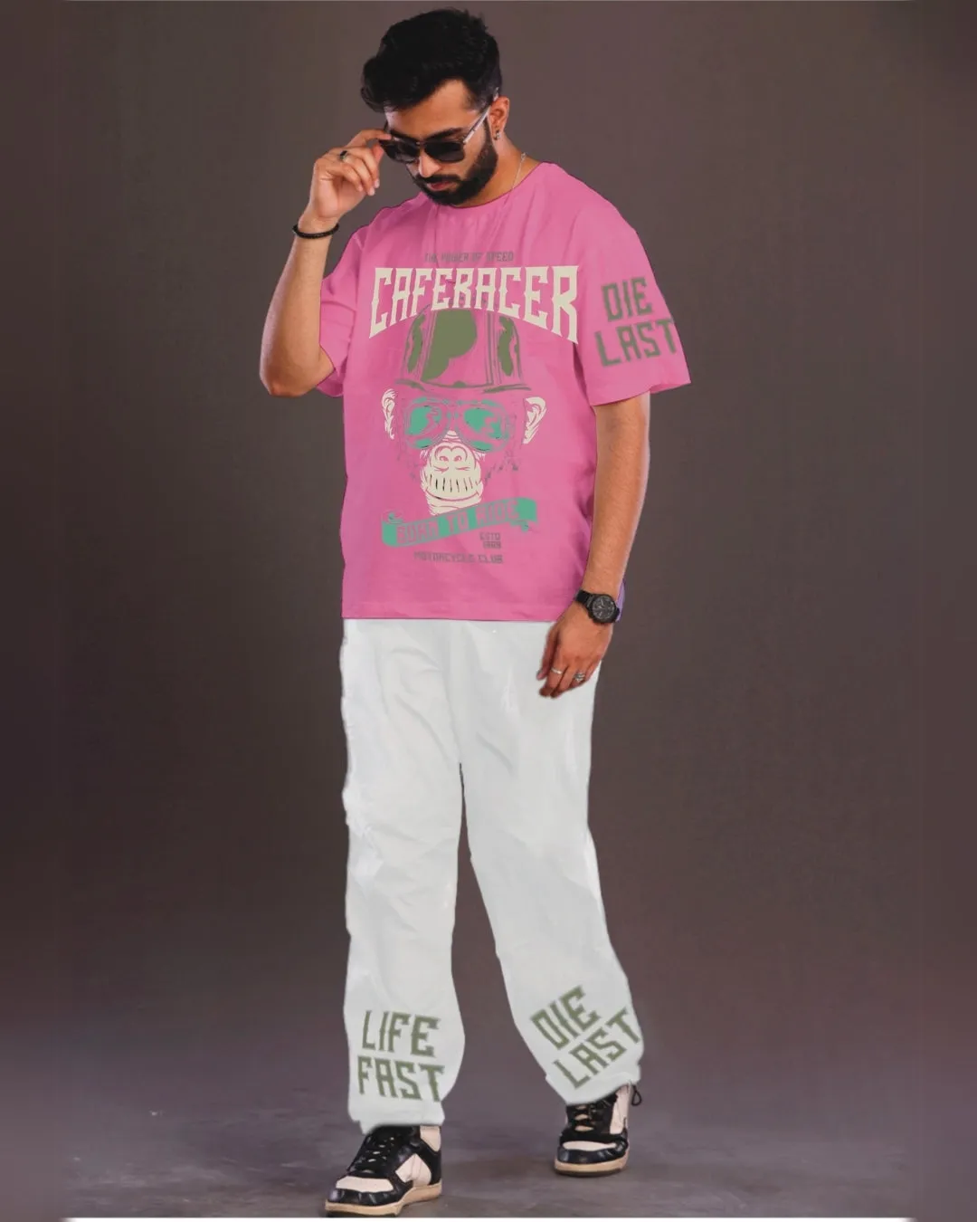 CafeRacer Men's Oversized Pink and White Coord Set