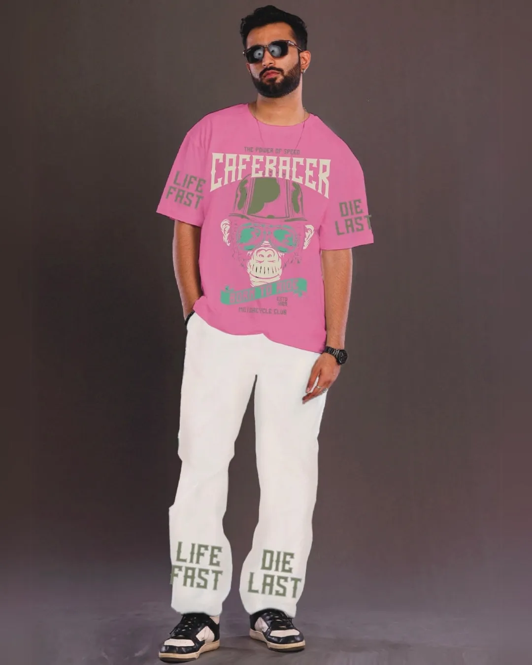 CafeRacer Men's Oversized Pink and White Coord Set