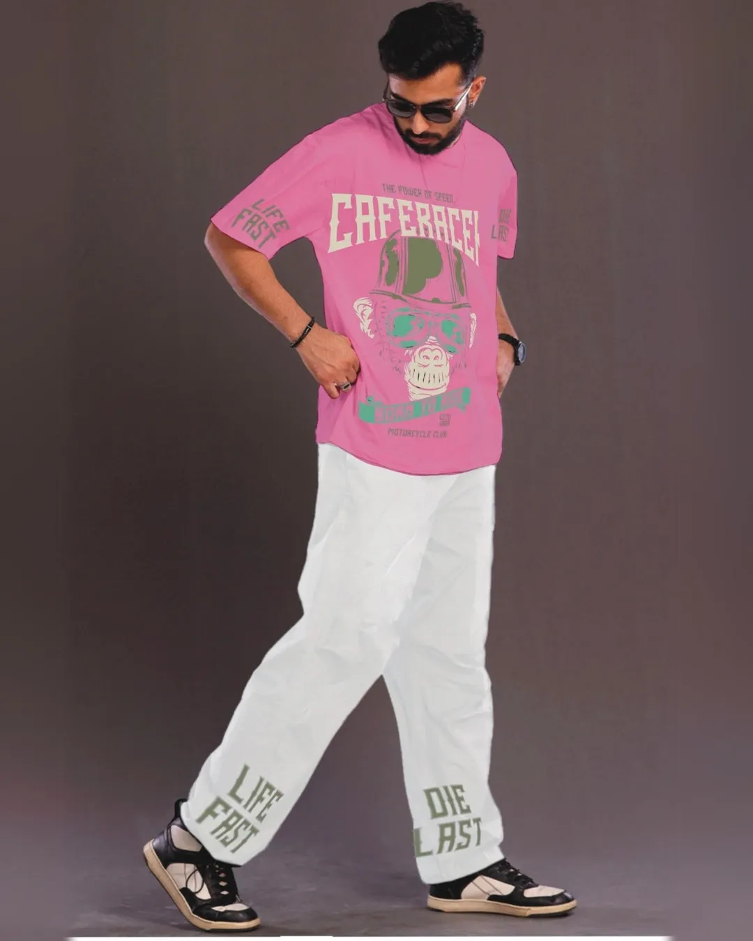 CafeRacer Men's Oversized Pink and White Coord Set