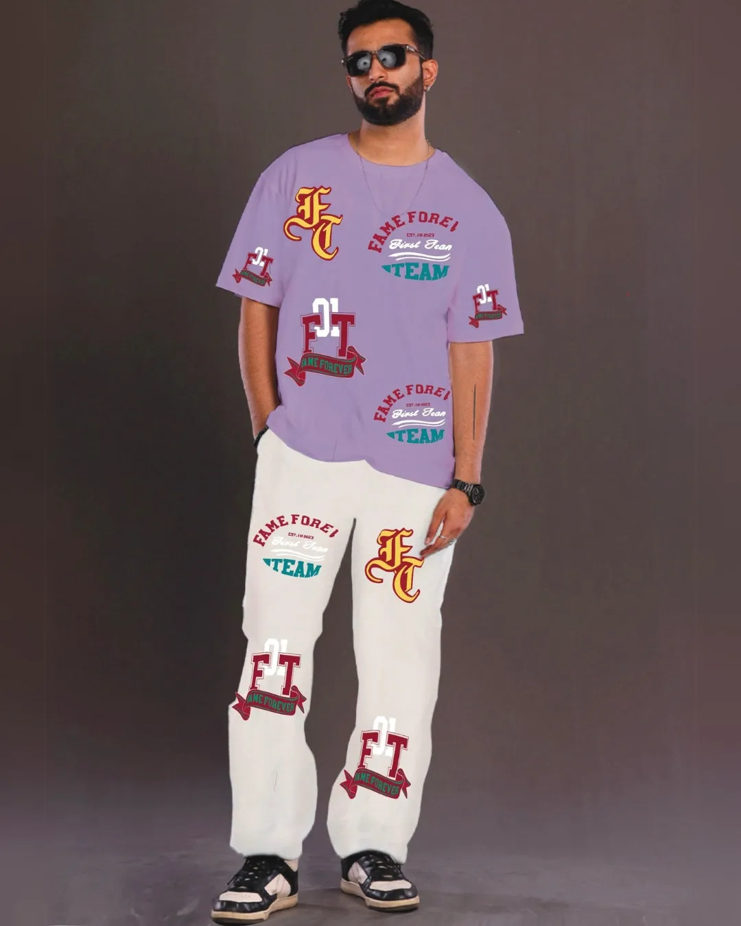 Fame Forever: Purple and White Oversized Men's Co Ord Set(*)