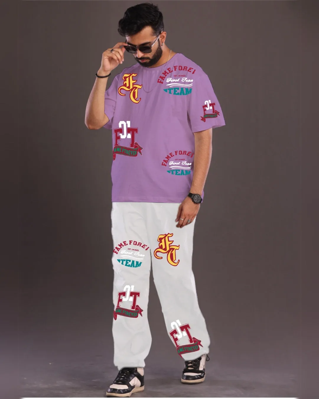 Fame Forever: Purple and White Oversized Men's Co Ord Set(*)