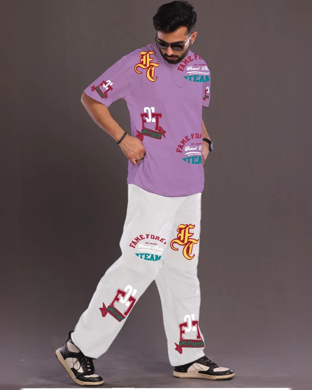 Fame Forever: Purple and White Oversized Men's Co Ord Set(*)
