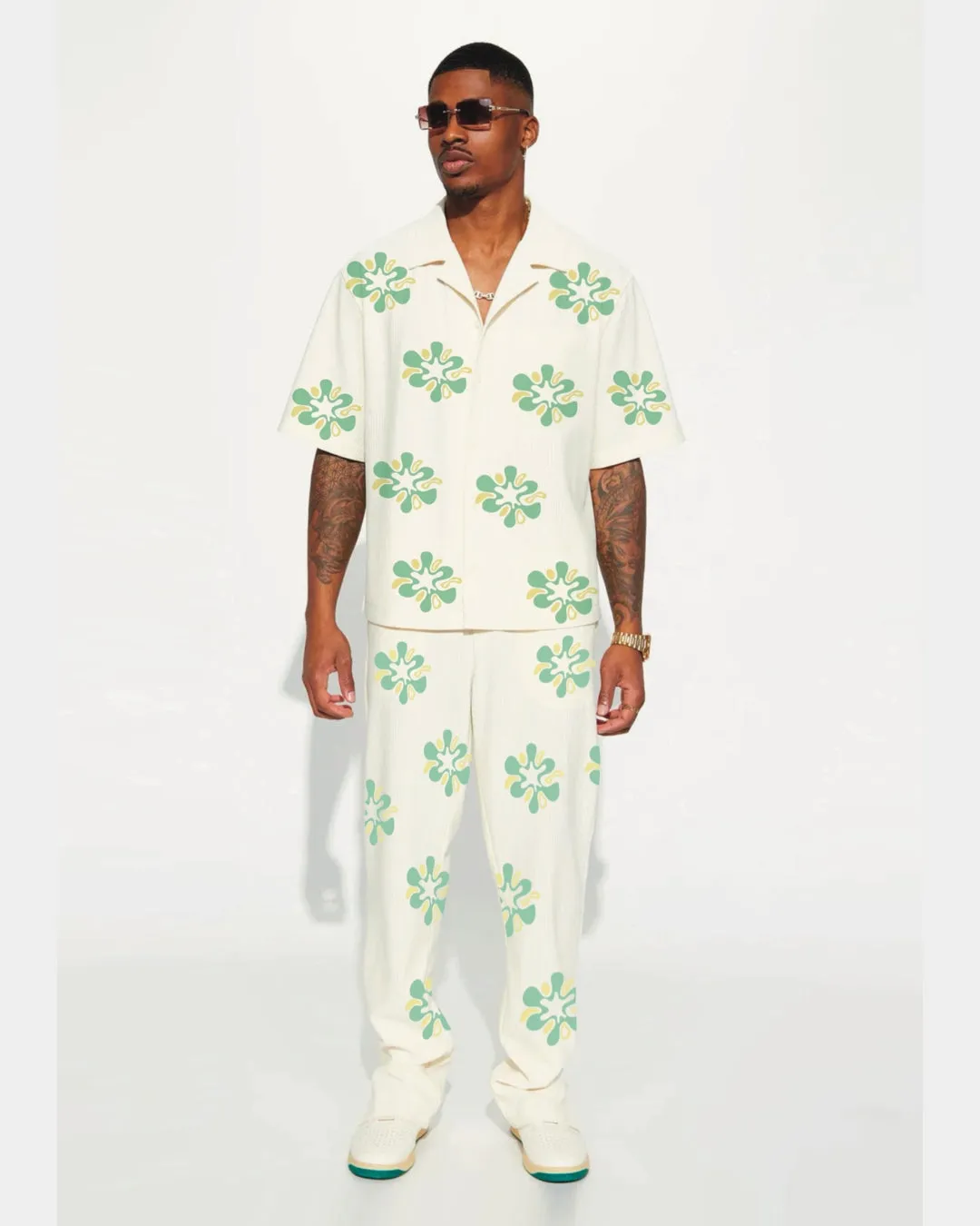 Half Sleeve Green Floral Oversized Knitted Shirt Cord Set - White and White