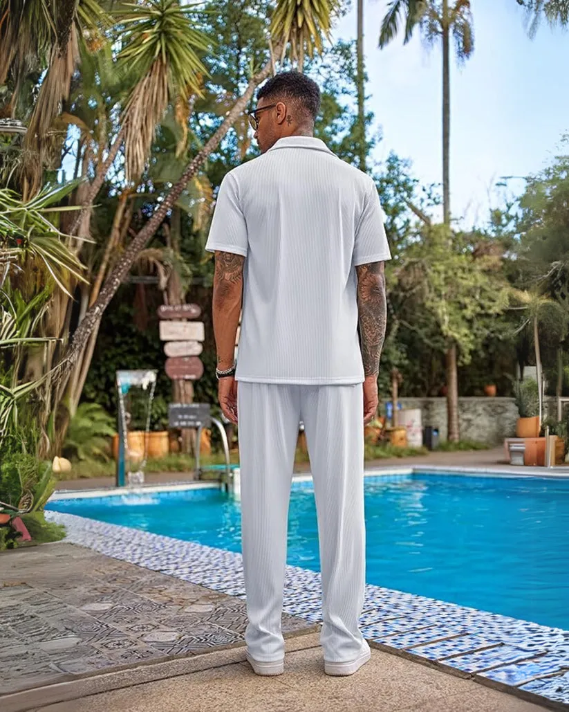 Half Sleeve Ice Cream Oversized Knitted Shirt Cord Set - White and White