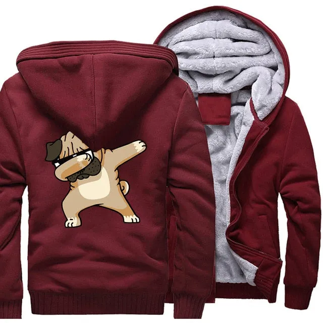 Hip-hop sportswear tracksuits 2019 winter Novelty Dabbing Pug hooded jackets Men casual wool liner keep warm sweatshirts hoodies