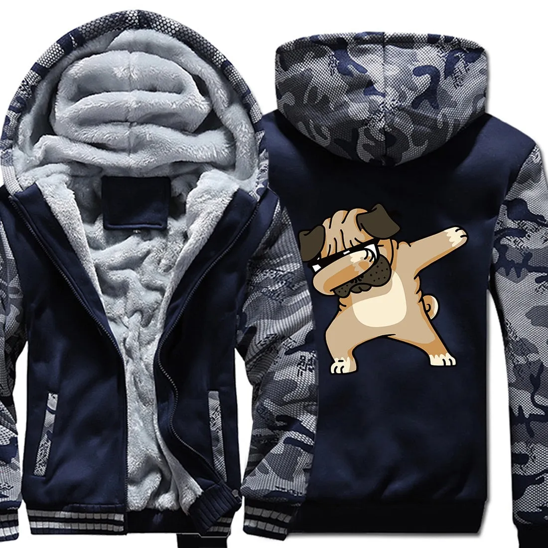 Hip-hop sportswear tracksuits 2019 winter Novelty Dabbing Pug hooded jackets Men casual wool liner keep warm sweatshirts hoodies