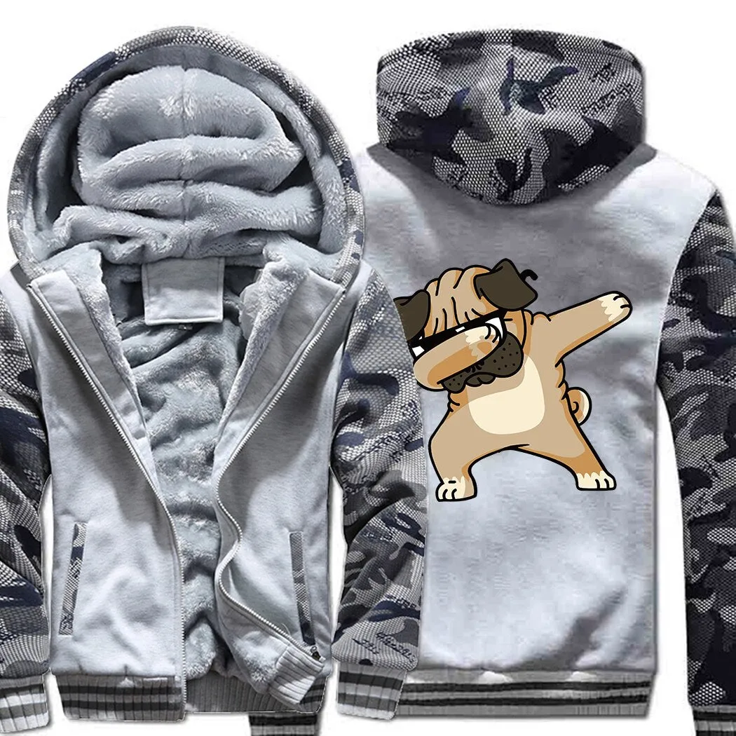 Hip-hop sportswear tracksuits 2019 winter Novelty Dabbing Pug hooded jackets Men casual wool liner keep warm sweatshirts hoodies