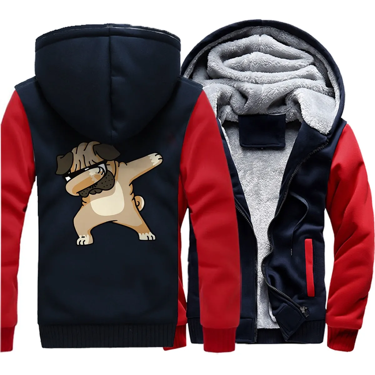 Hip-hop sportswear tracksuits 2019 winter Novelty Dabbing Pug hooded jackets Men casual wool liner keep warm sweatshirts hoodies