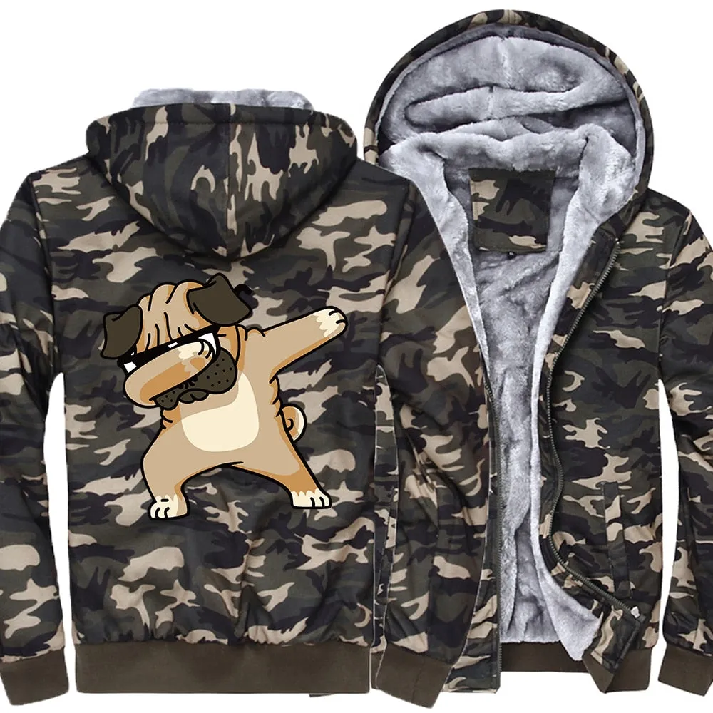 Hip-hop sportswear tracksuits 2019 winter Novelty Dabbing Pug hooded jackets Men casual wool liner keep warm sweatshirts hoodies