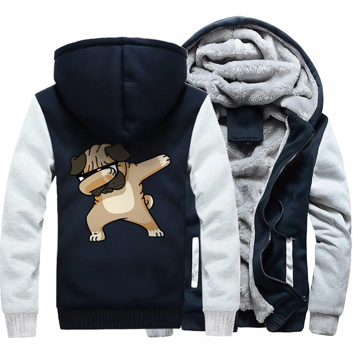 Hip-hop sportswear tracksuits 2019 winter Novelty Dabbing Pug hooded jackets Men casual wool liner keep warm sweatshirts hoodies