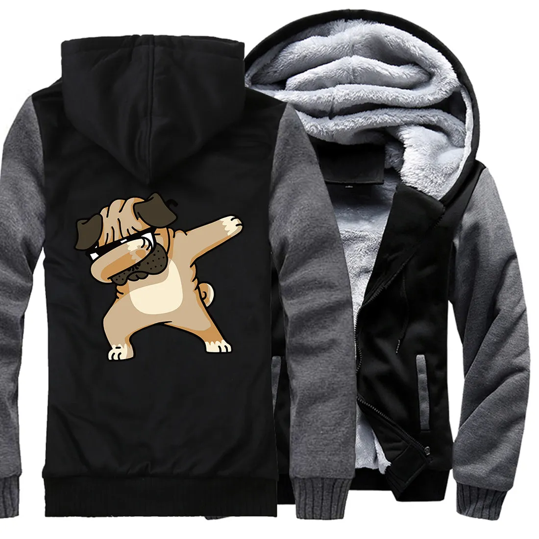 Hip-hop sportswear tracksuits 2019 winter Novelty Dabbing Pug hooded jackets Men casual wool liner keep warm sweatshirts hoodies