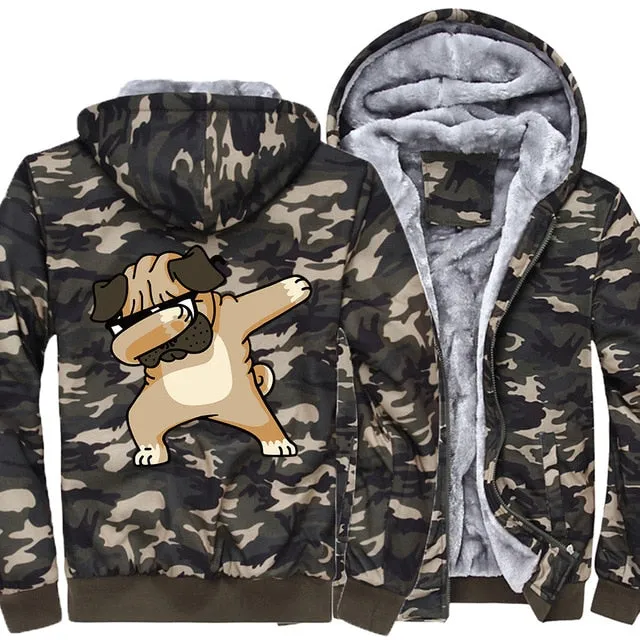Hip-hop sportswear tracksuits 2019 winter Novelty Dabbing Pug hooded jackets Men casual wool liner keep warm sweatshirts hoodies
