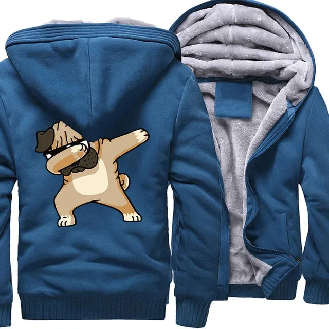 Hip-hop sportswear tracksuits 2019 winter Novelty Dabbing Pug hooded jackets Men casual wool liner keep warm sweatshirts hoodies
