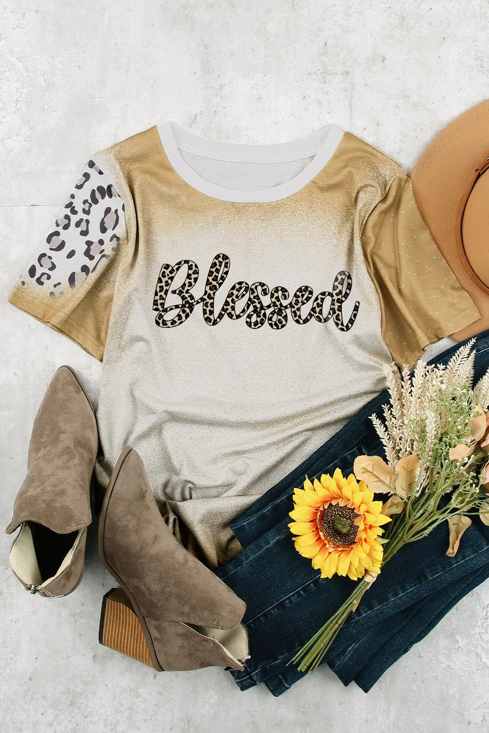 Khaki Blessed Leopard Print Short Sleeve T Shirt