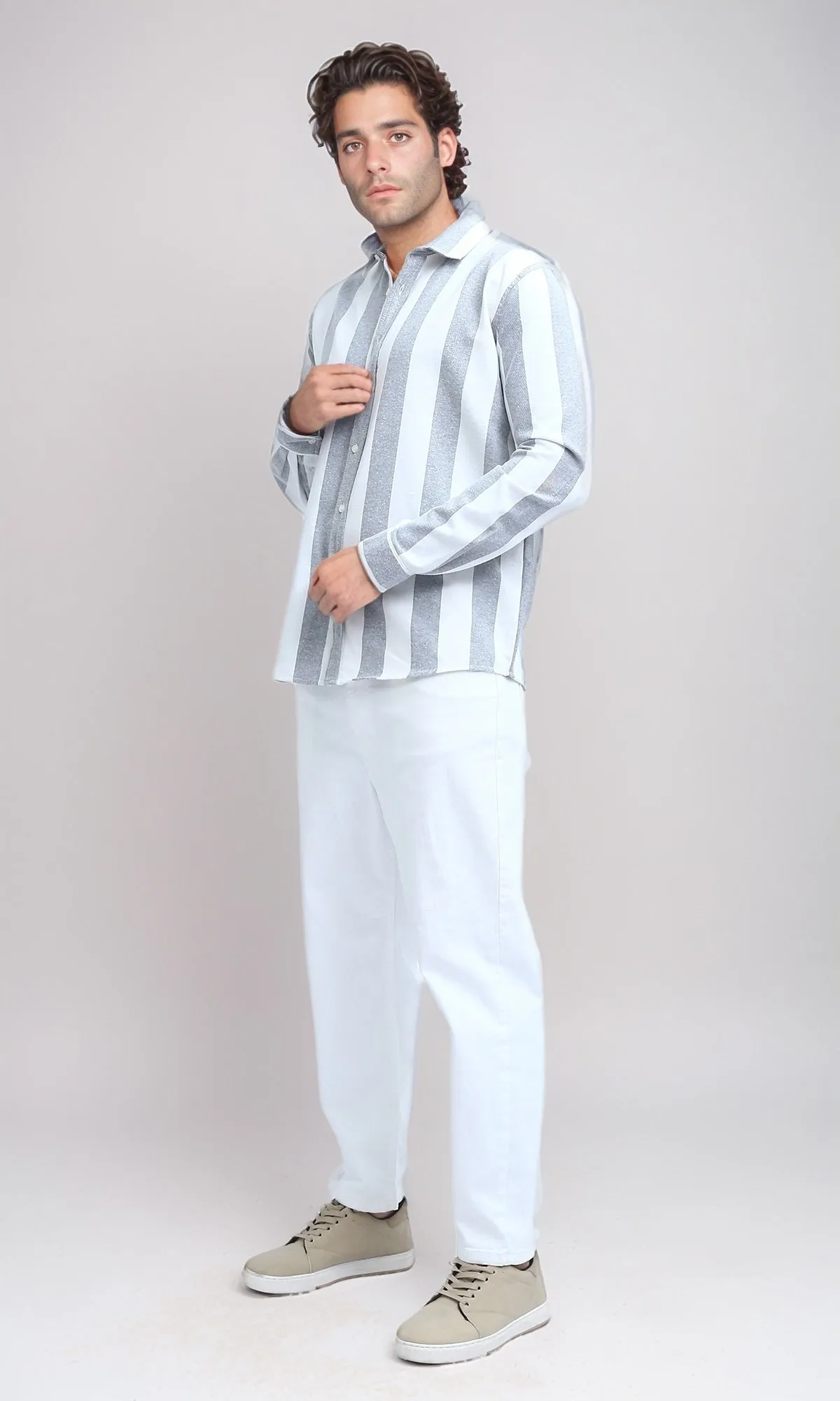 O200509 - Casual Long Sleeves Striped Shirt - Grey & White