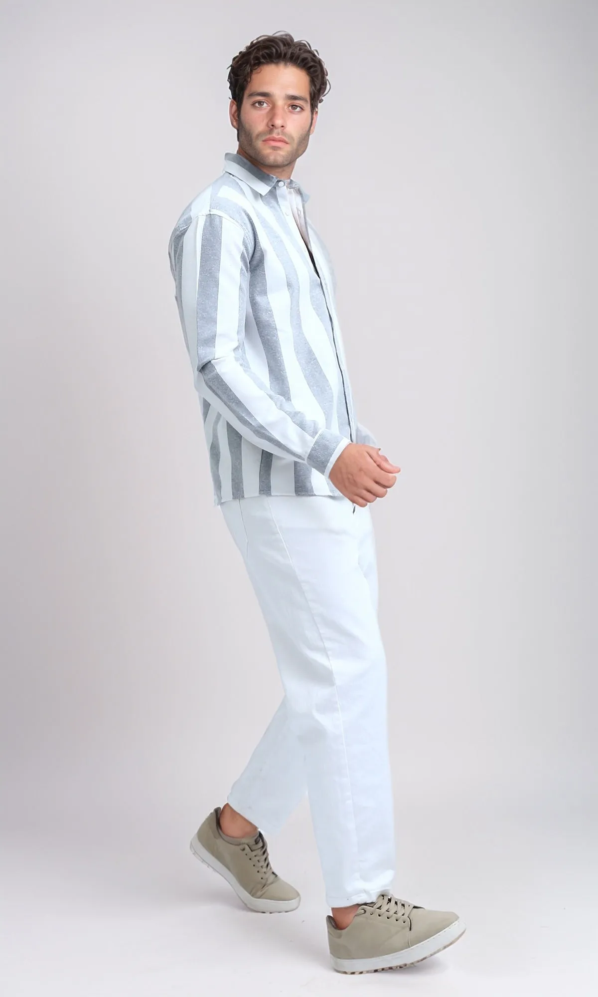 O200509 - Casual Long Sleeves Striped Shirt - Grey & White