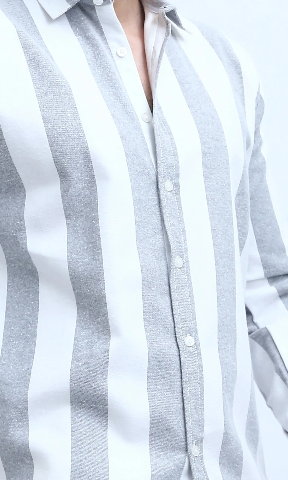 O200509 - Casual Long Sleeves Striped Shirt - Grey & White