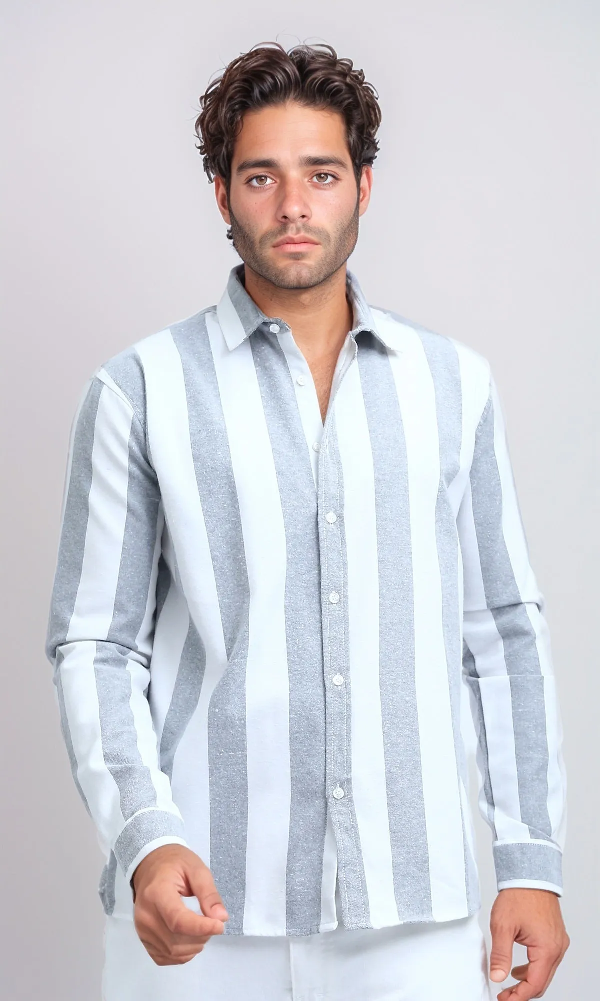 O200509 - Casual Long Sleeves Striped Shirt - Grey & White