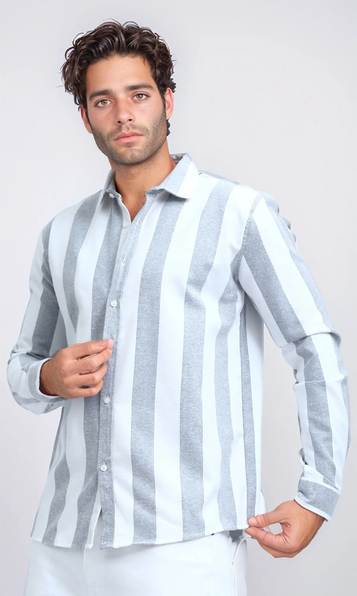 O200509 - Casual Long Sleeves Striped Shirt - Grey & White