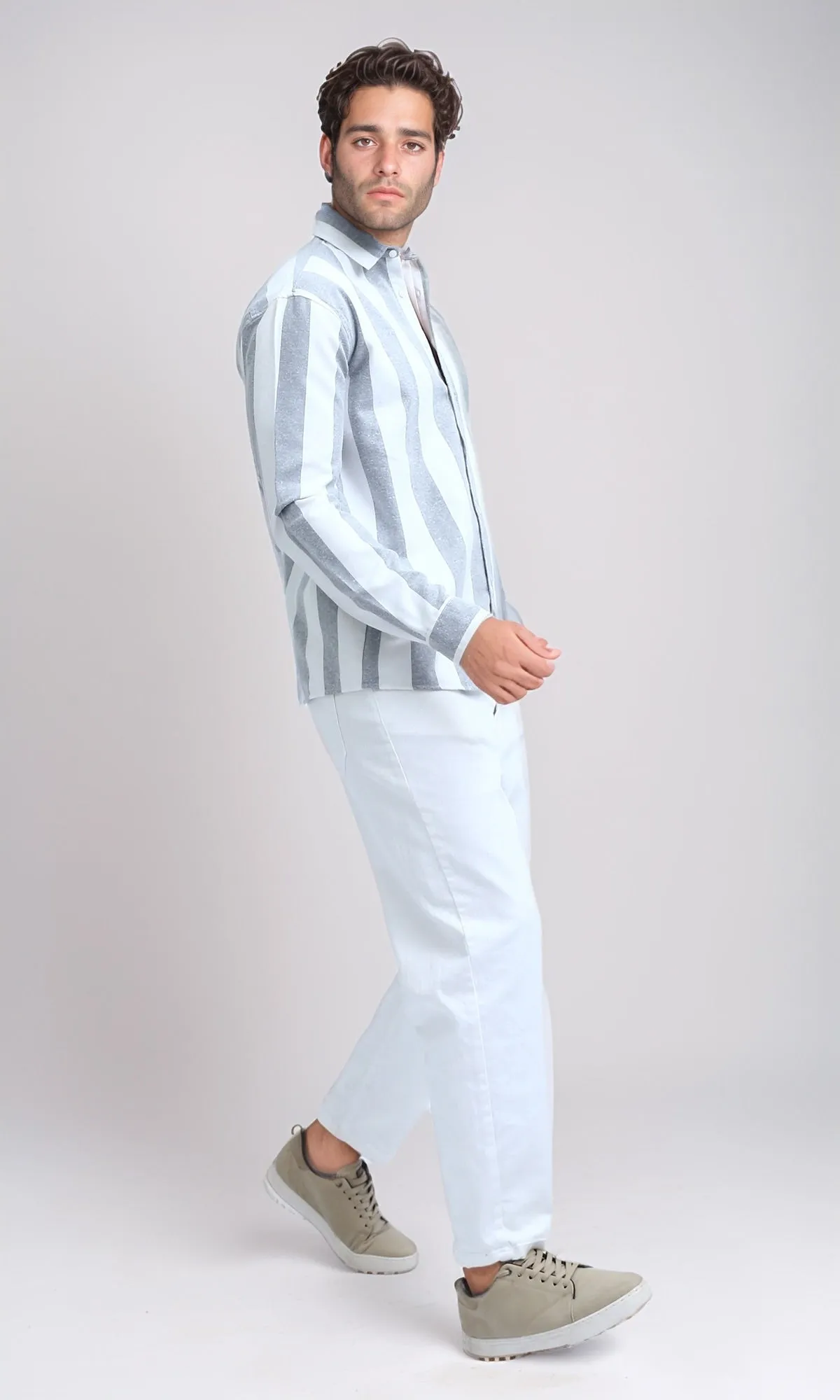 O200509 - Casual Long Sleeves Striped Shirt - Grey & White