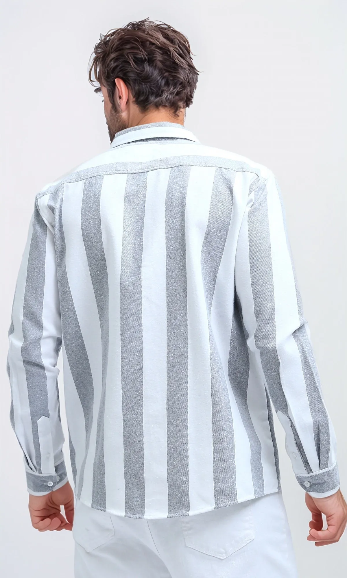 O200509 - Casual Long Sleeves Striped Shirt - Grey & White