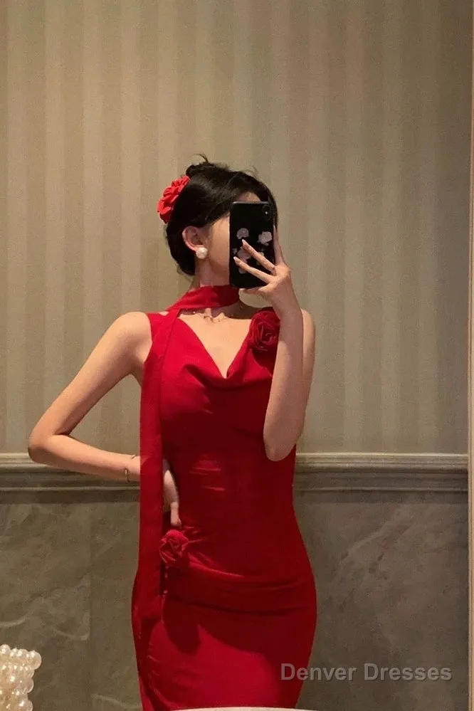 Pretty Sheath Straps Sleeveless Floral Date Night Dress Red Prom Dresses Birthday Outfits