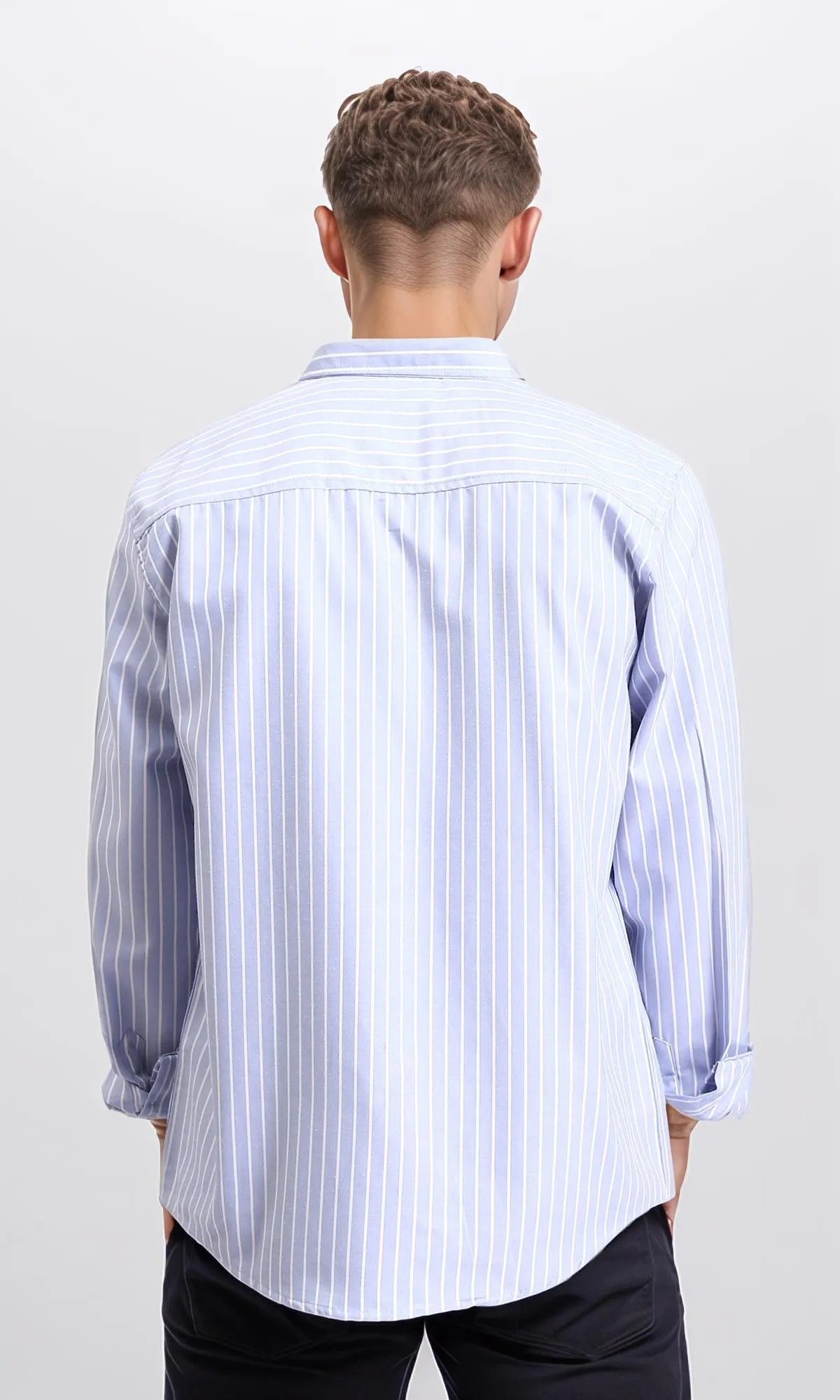 R206389 - Striped Long Sleeves Cotton Shirt - Pastel Blue & White