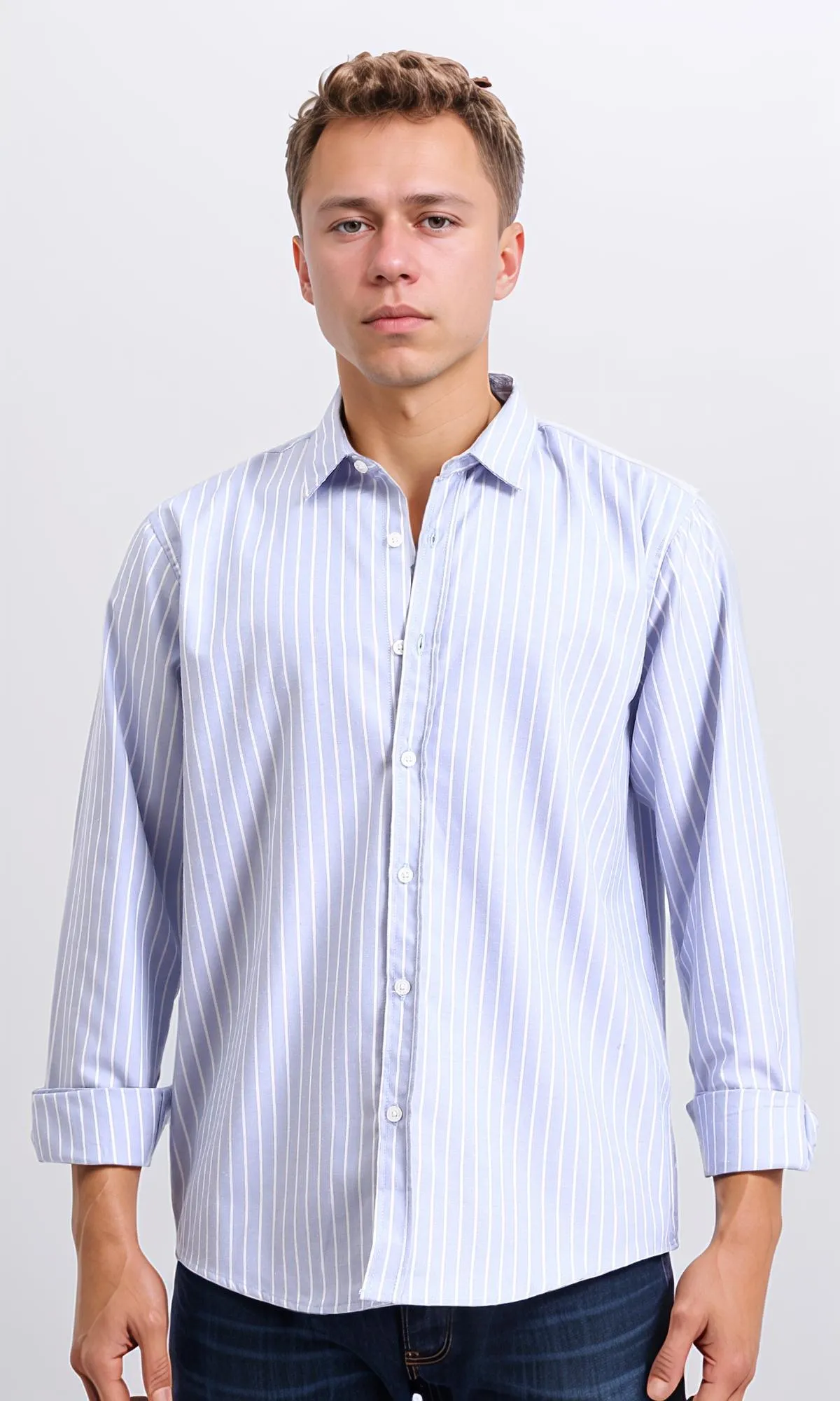 R206389 - Striped Long Sleeves Cotton Shirt - Pastel Blue & White