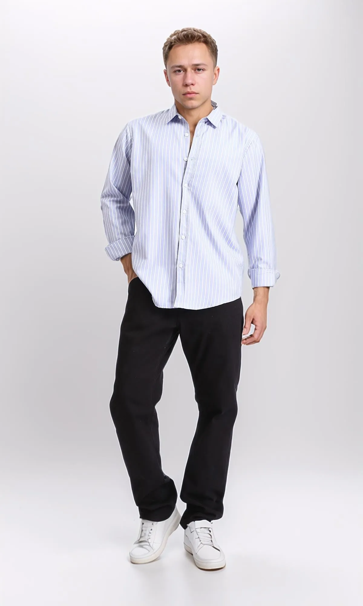 R206389 - Striped Long Sleeves Cotton Shirt - Pastel Blue & White