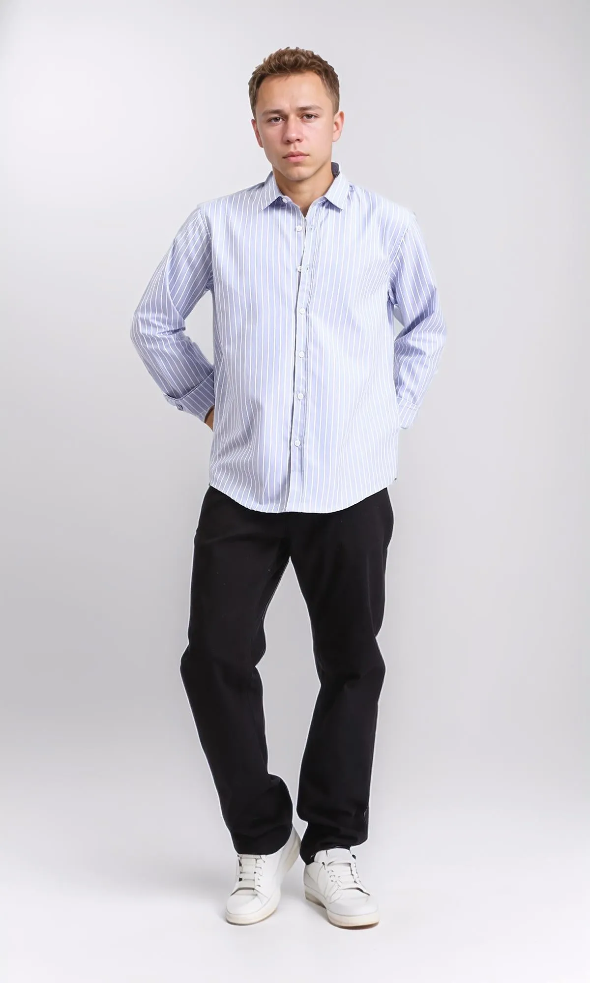 R206389 - Striped Long Sleeves Cotton Shirt - Pastel Blue & White