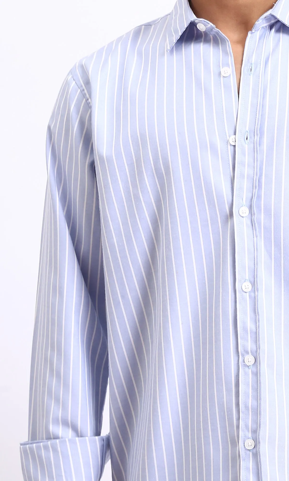 R206389 - Striped Long Sleeves Cotton Shirt - Pastel Blue & White