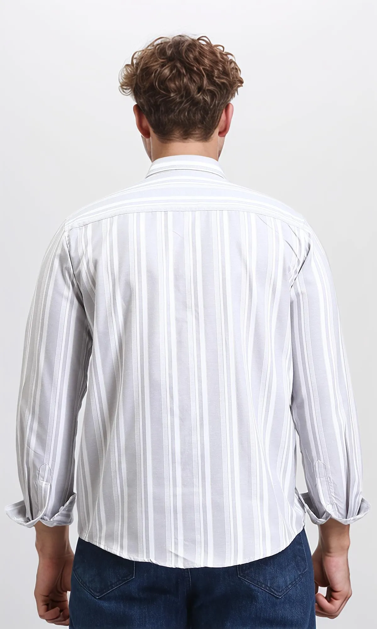 R206390 - Unbalanced Stripes Long Sleeves Shirt - Grey & White