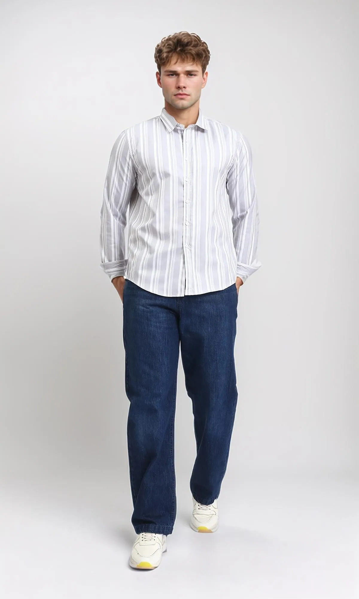 R206390 - Unbalanced Stripes Long Sleeves Shirt - Grey & White