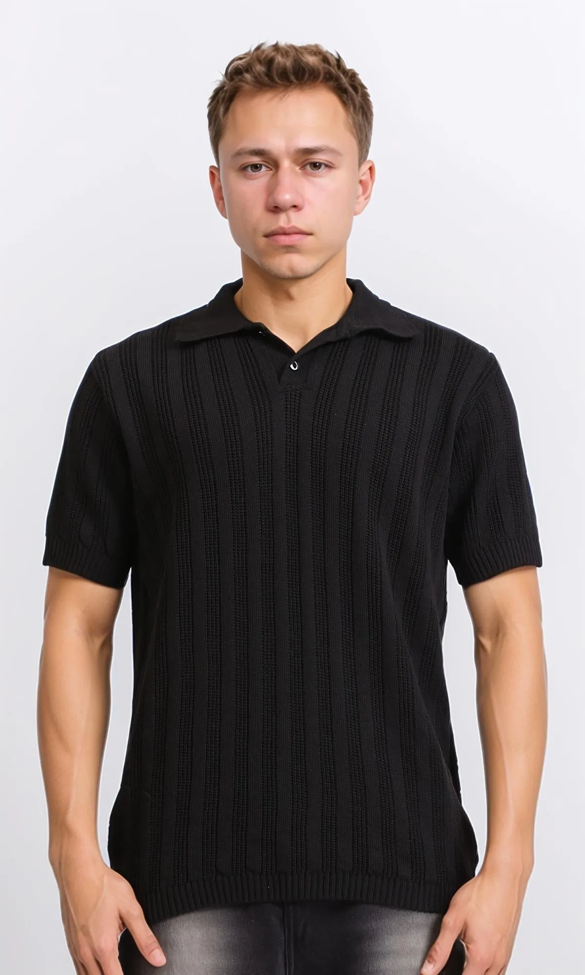 R206412 - Self Striped Short Sleeves Summer Polo Shirt - Black