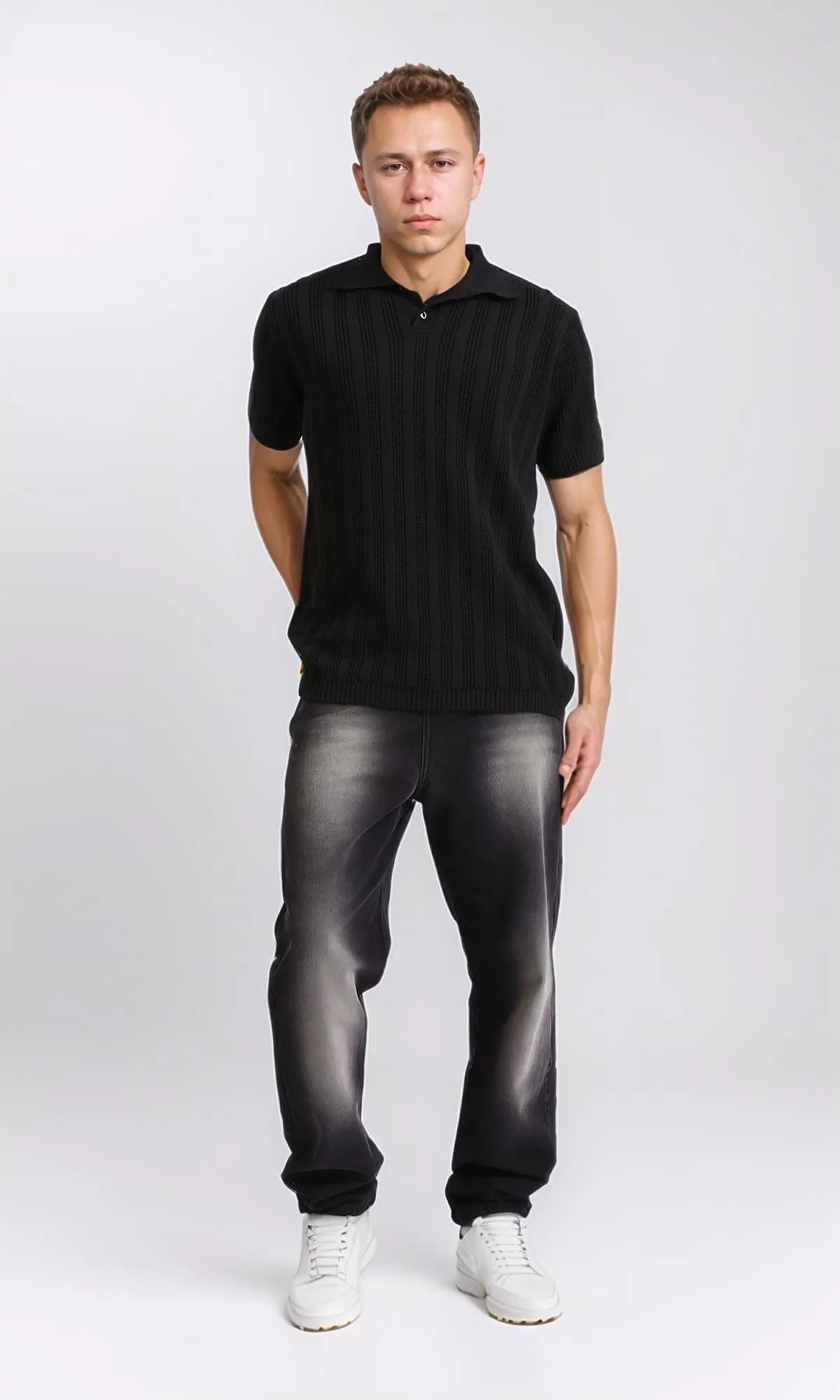 R206412 - Self Striped Short Sleeves Summer Polo Shirt - Black