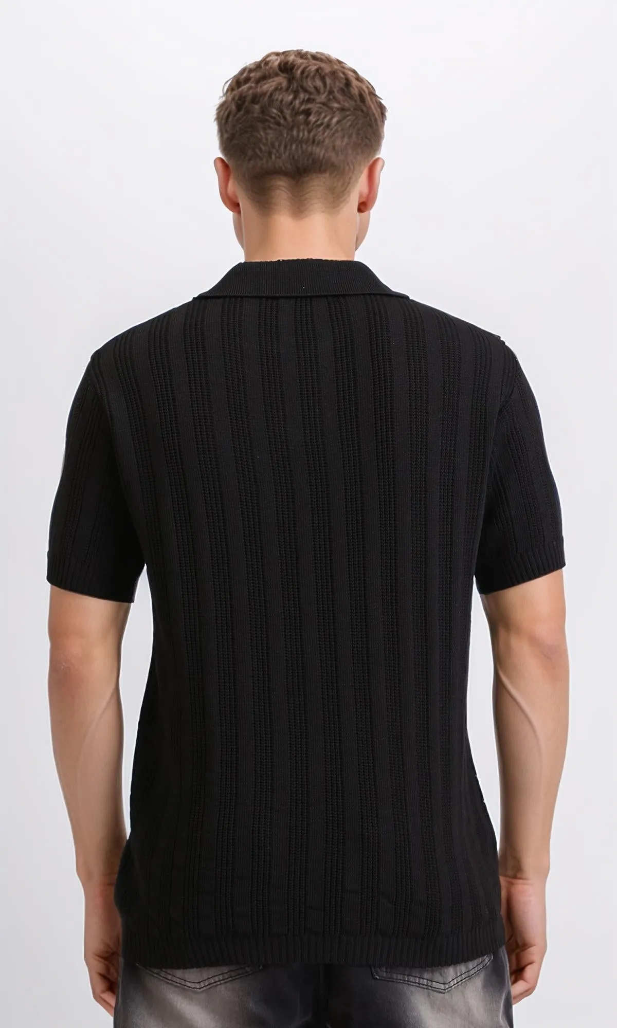 R206412 - Self Striped Short Sleeves Summer Polo Shirt - Black