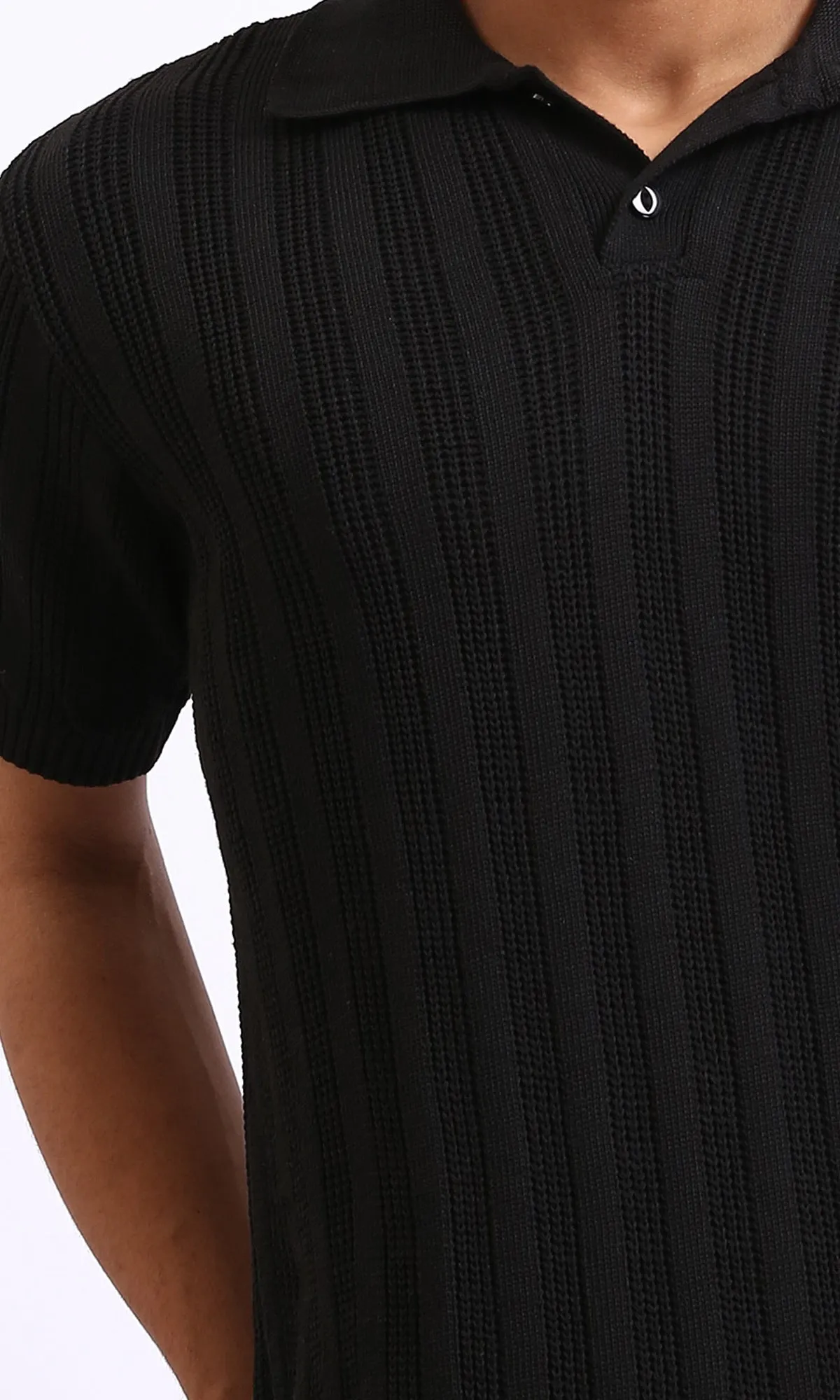 R206412 - Self Striped Short Sleeves Summer Polo Shirt - Black