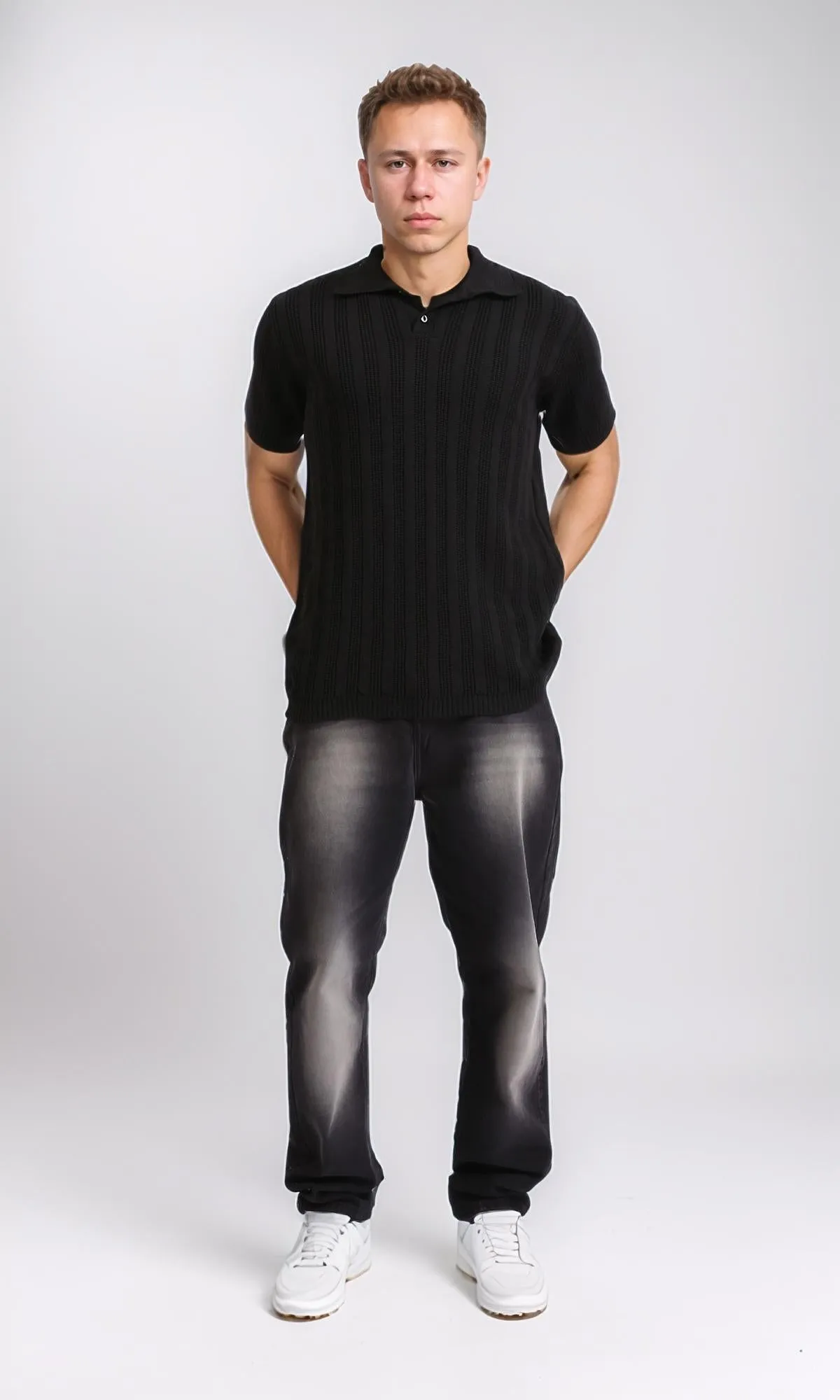 R206412 - Self Striped Short Sleeves Summer Polo Shirt - Black