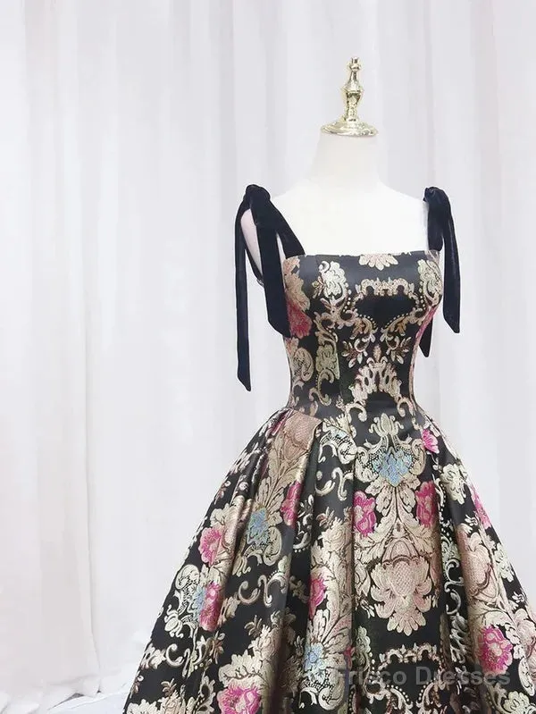 Vintage Satin Straps Floral Long Formal Evening Long Dress Prom Dress