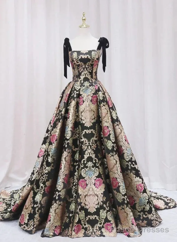 Vintage Satin Straps Floral Long Formal Evening Long Dress Prom Dress
